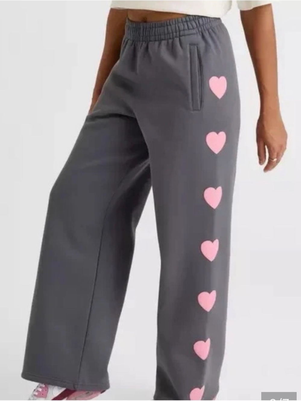 Wide-Leg Jumpsuit Pant with Pink Heart Trim - Gray